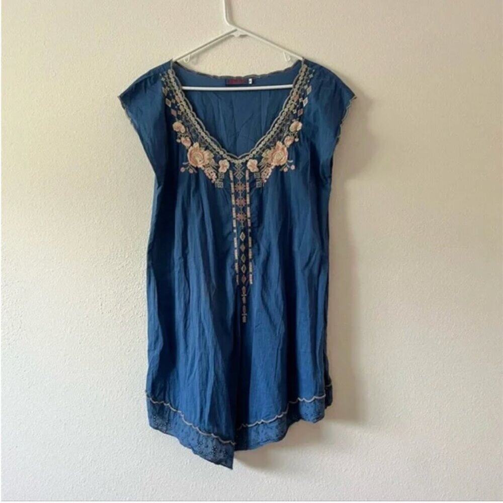 Johnny Was Blue Embroidered V-Neck Tunic with Pink Floral Detail